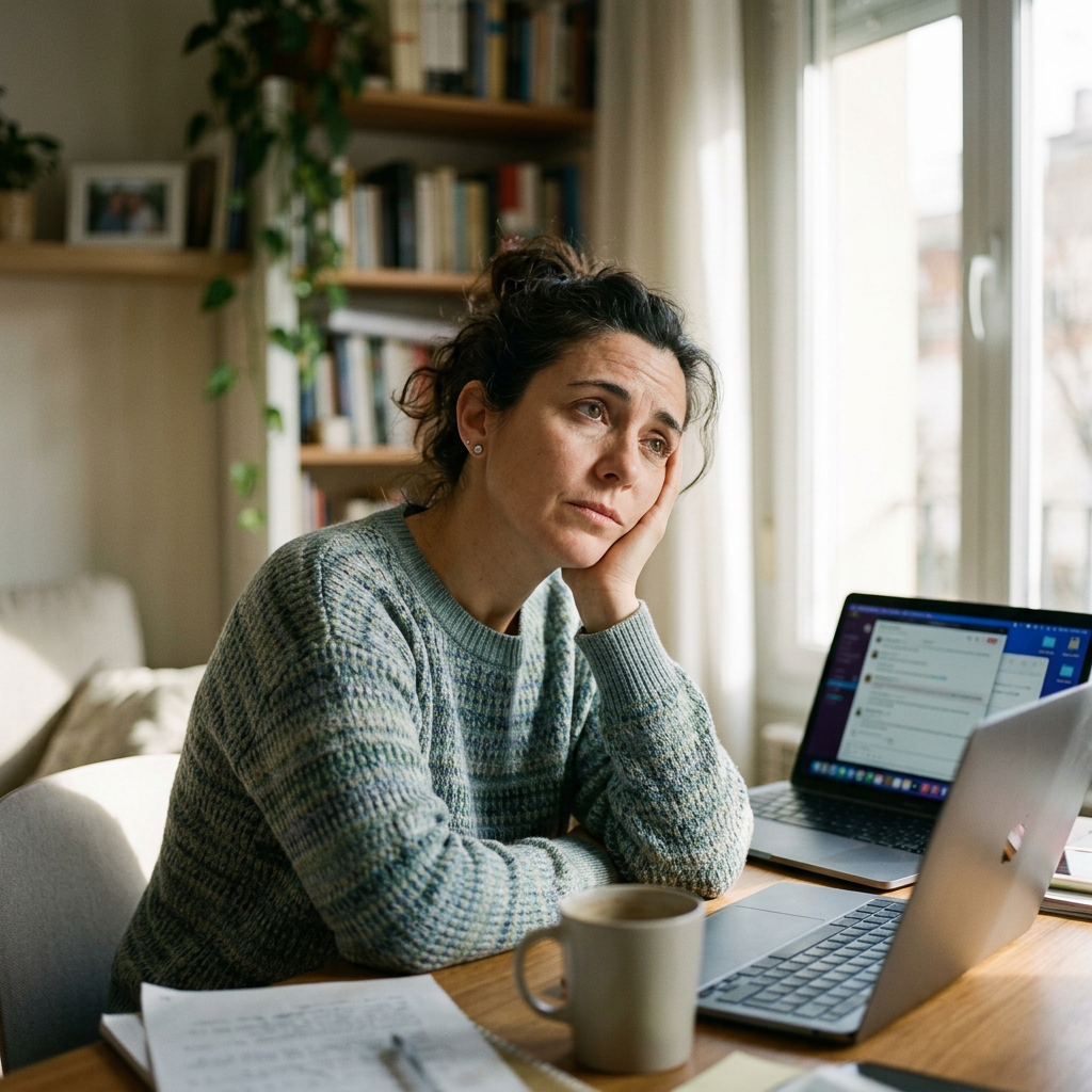 Woman resting her head beside laptops and coffee at a home workspace