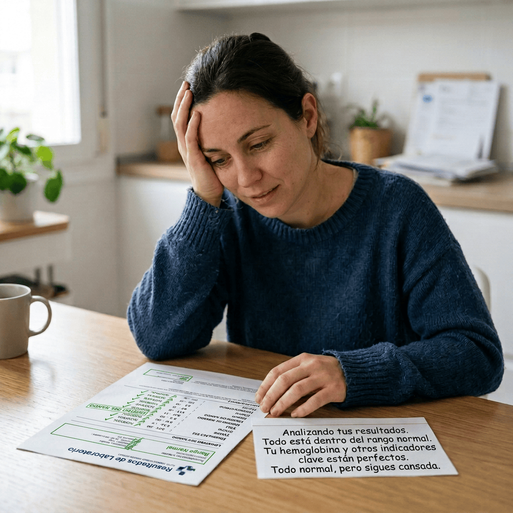 Woman reviewing medical papers beside note reading “Tus análisis pueden estar normales y tú sentir cansancio.”