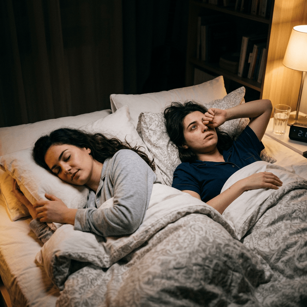 One person sleeps while another lies awake in bed
