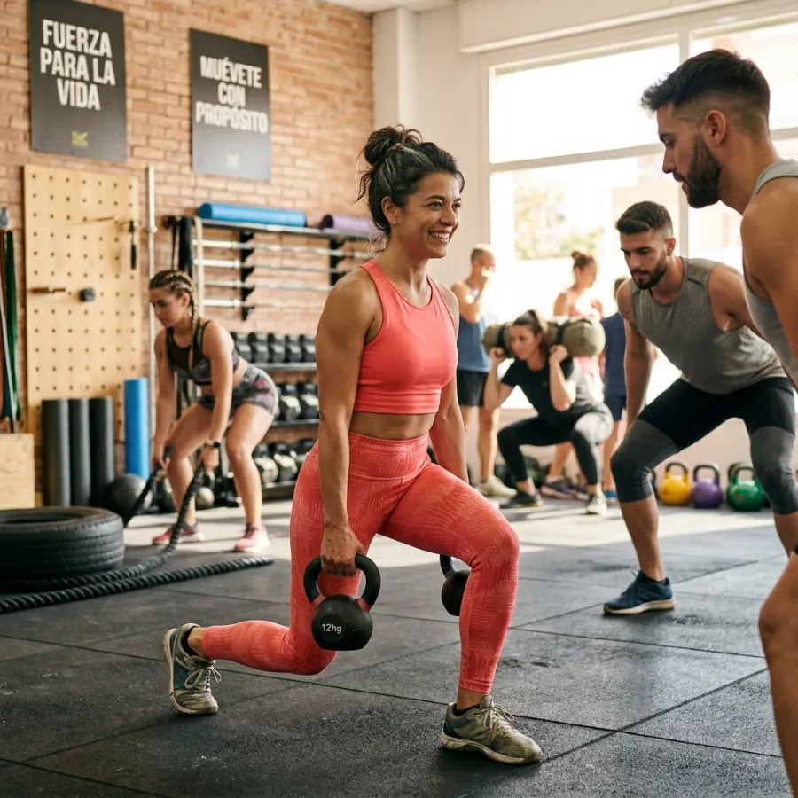 Entrenamiento de fuerza en grupo en un gimnasio luminoso