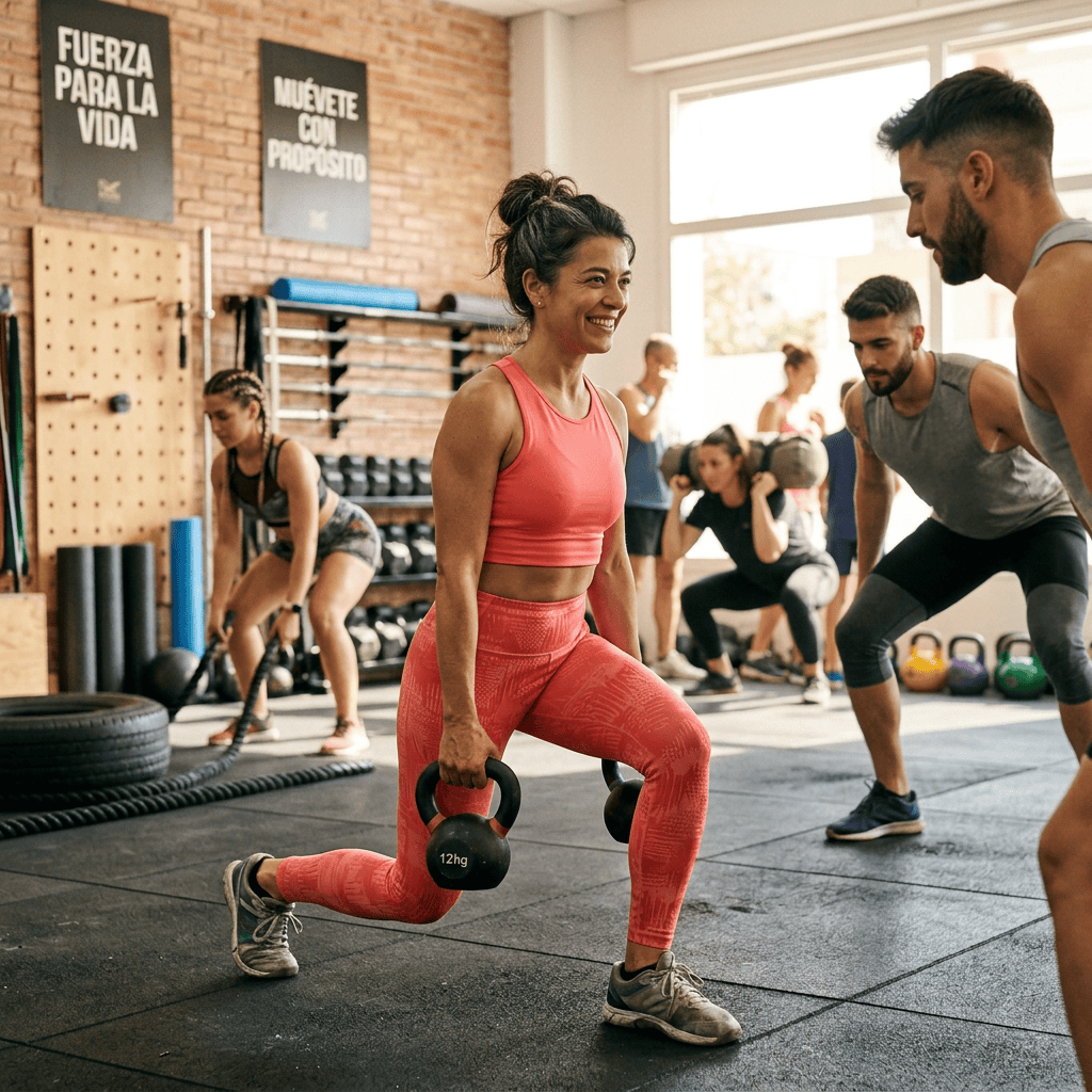 Woman performing a kettlebell lunge during a group gym workout