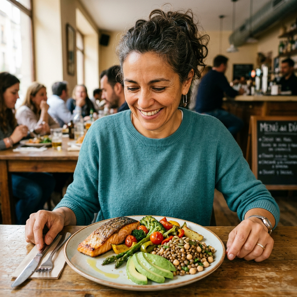 Smiling woman seated before a plate of salmon, vegetables, lentils, and avocado