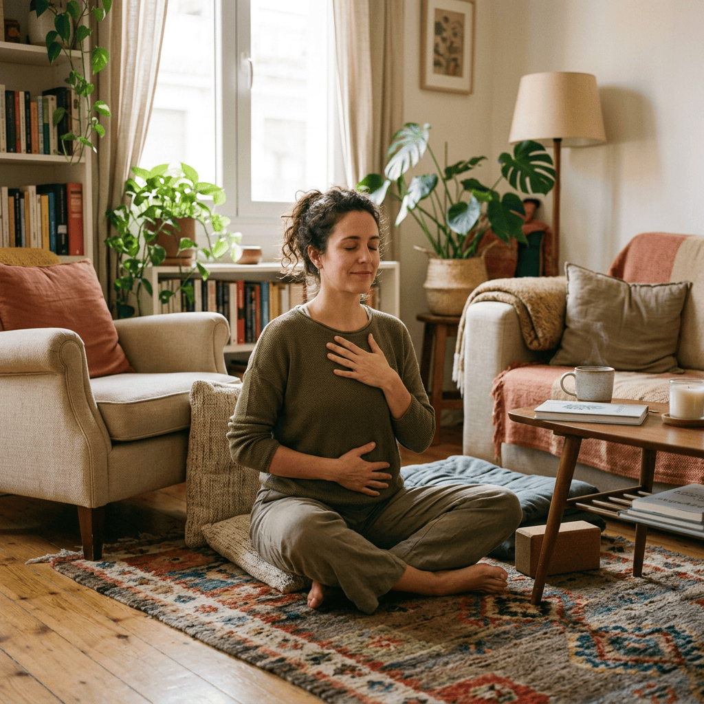 Woman sitting cross-legged practicing mindful breathing in a living room