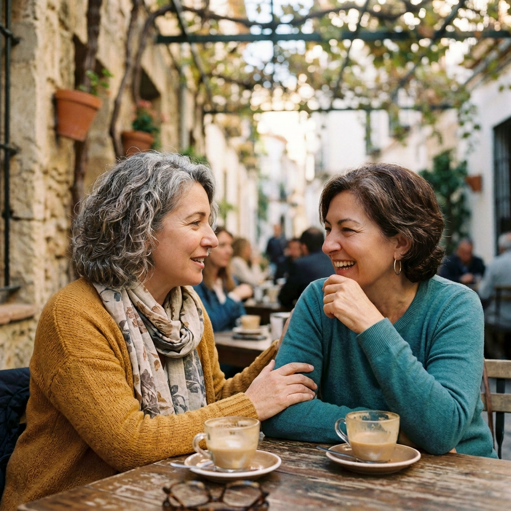 Two women smiling and talking over coffee at an outdoor café