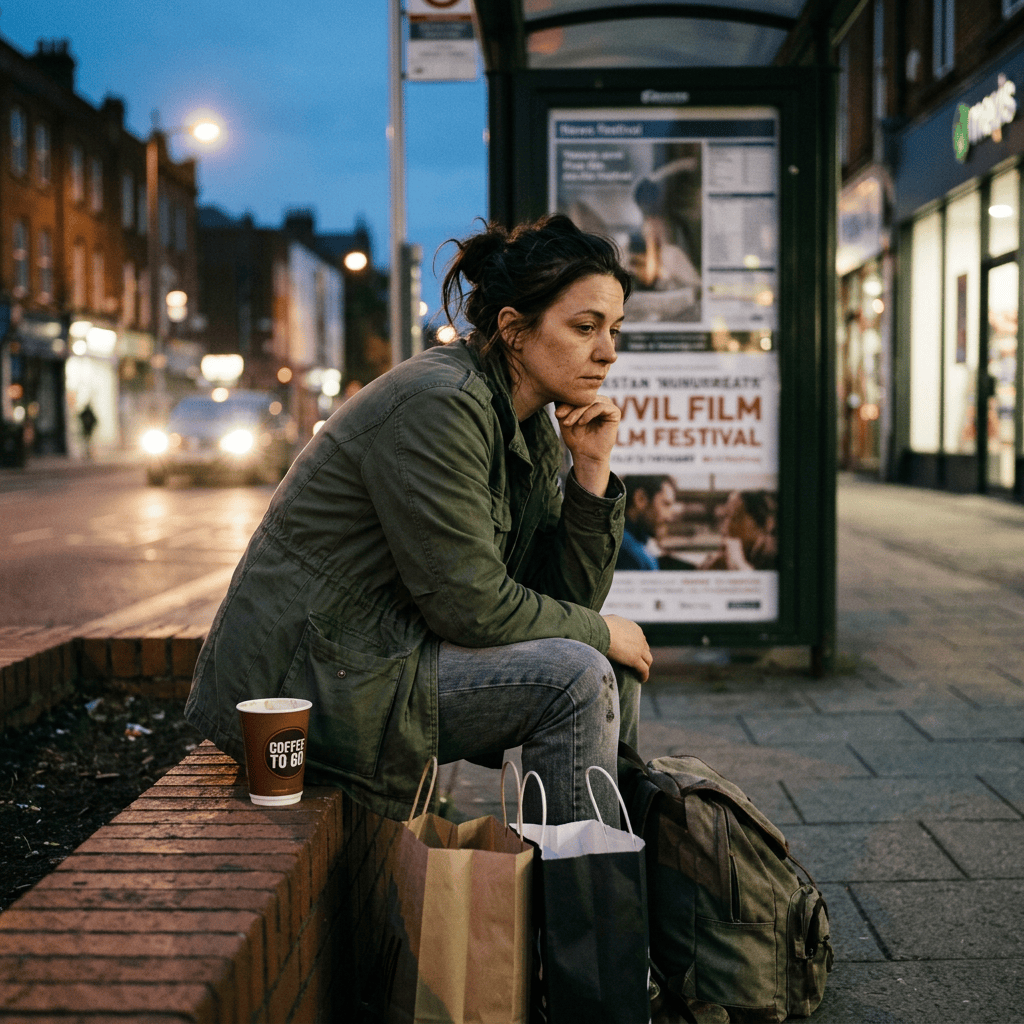 Traveler sitting beside a bus shelter with coffee, shopping bags, and luggage