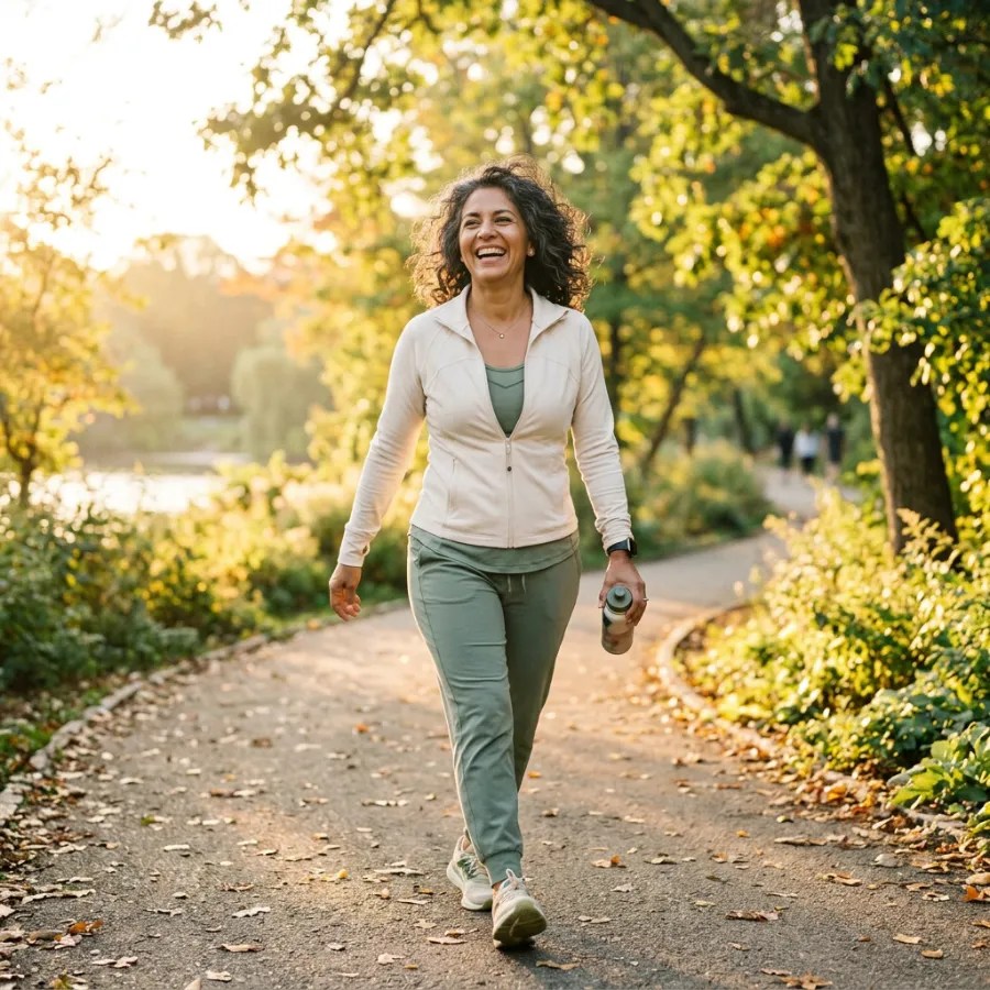 Mujer sonriendo y caminando con energía en un parque soleado
